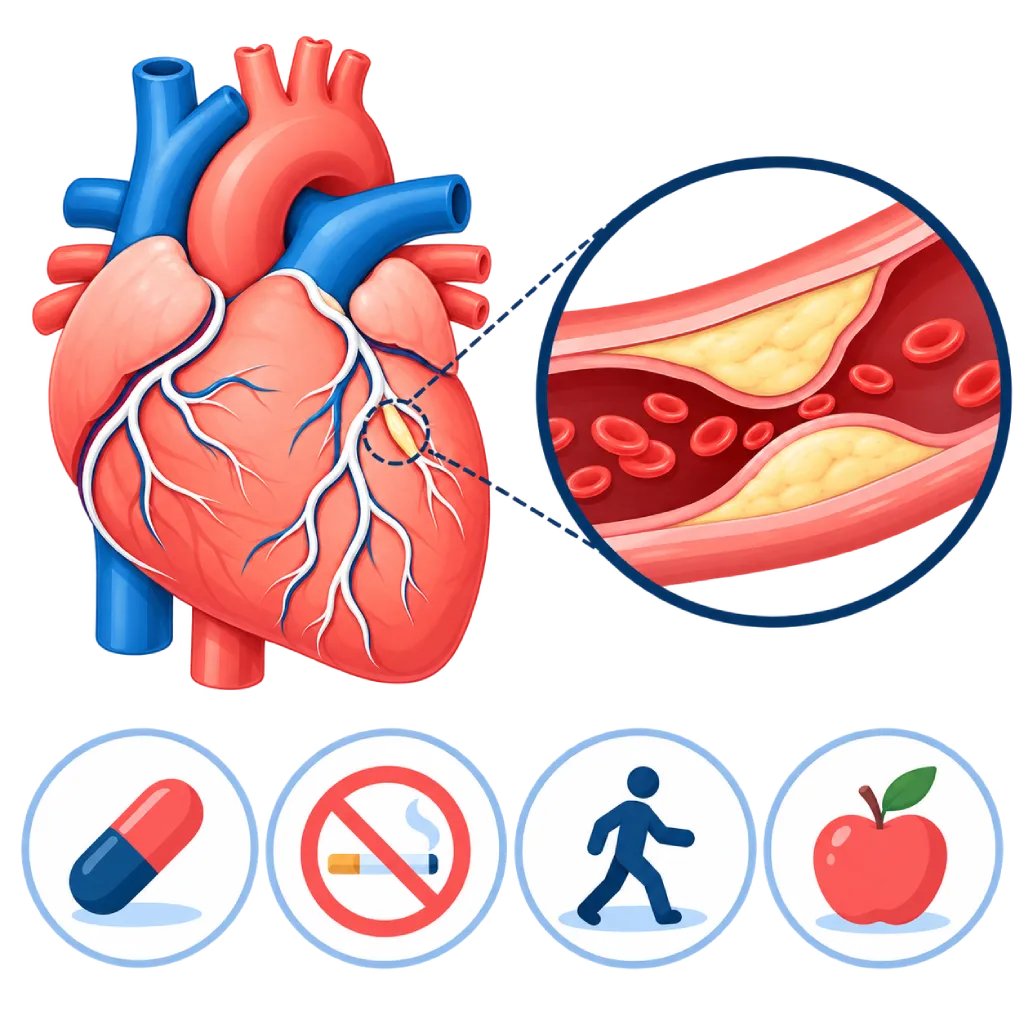 Ilustrasi penyakit arteri koroner dengan jantung, pembesaran arteri yang menyempit akibat plak, serta ikon obat, berhenti merokok, berjalan kaki, dan pola makan sehat.