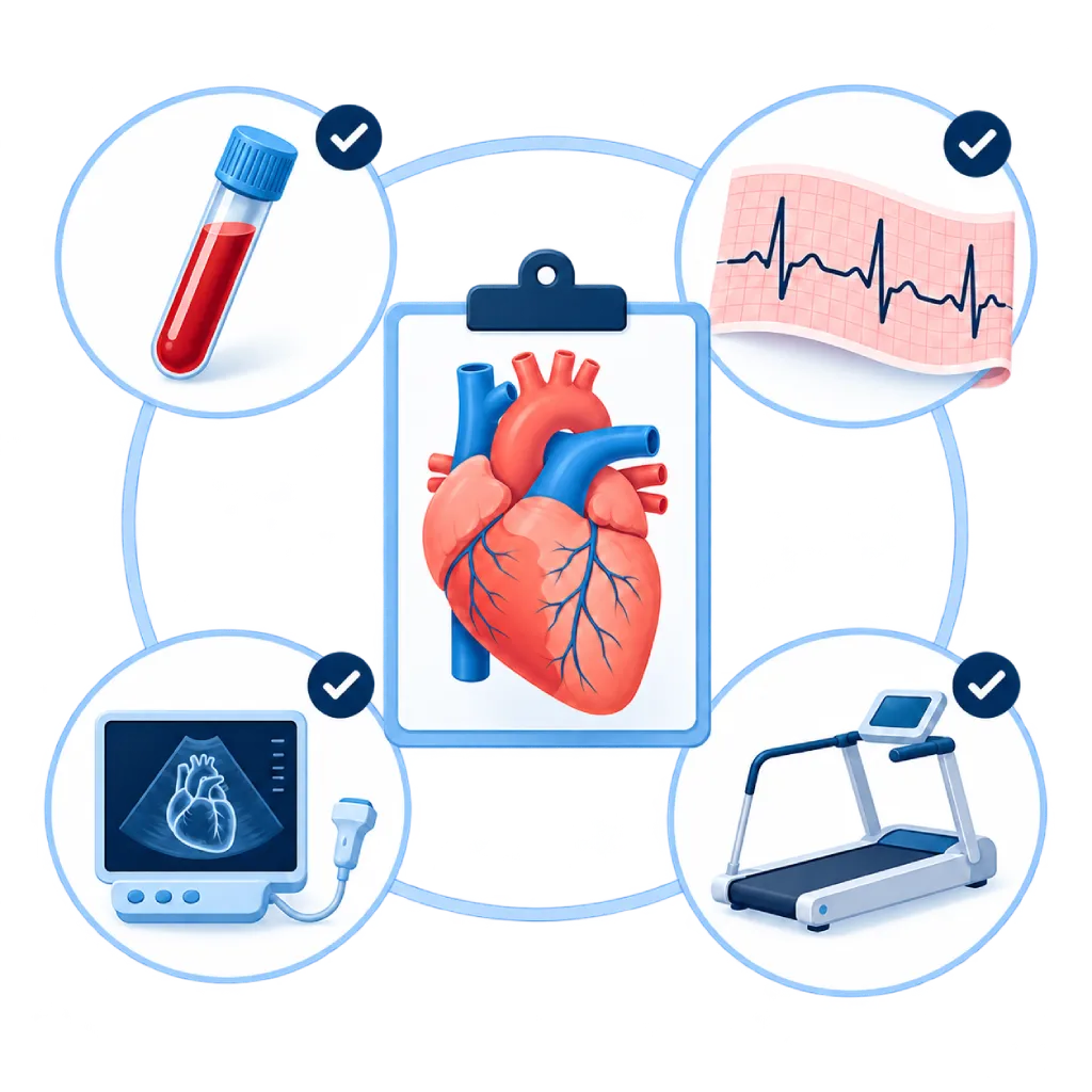 Ilustrasi medical check-up jantung dengan jantung, tabung sampel darah, rekaman EKG, pemeriksaan ekokardiografi, treadmill test, dan tanda centang pemeriksaan.