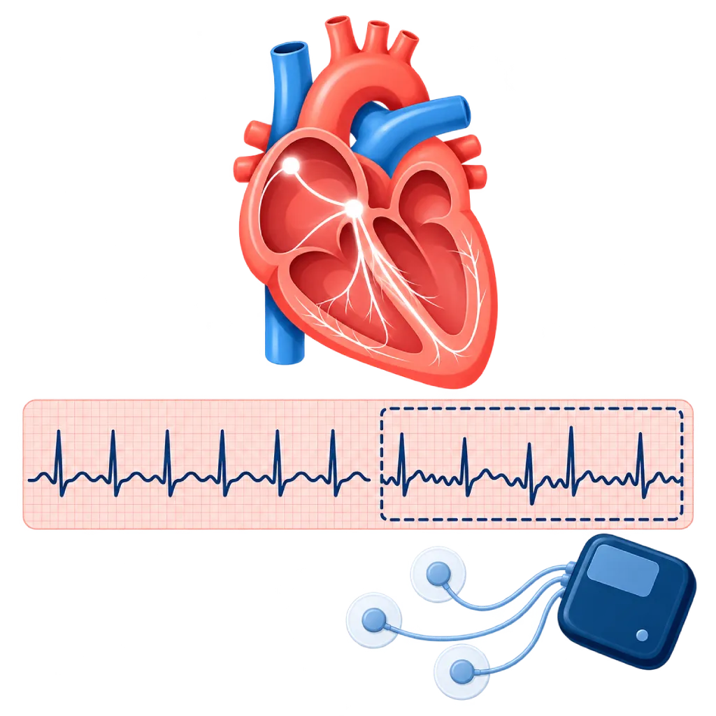 Ilustrasi skrining aritmia dengan jantung, jalur listrik jantung, rekaman EKG normal dan tidak teratur, serta perangkat Holter monitor dengan elektroda.