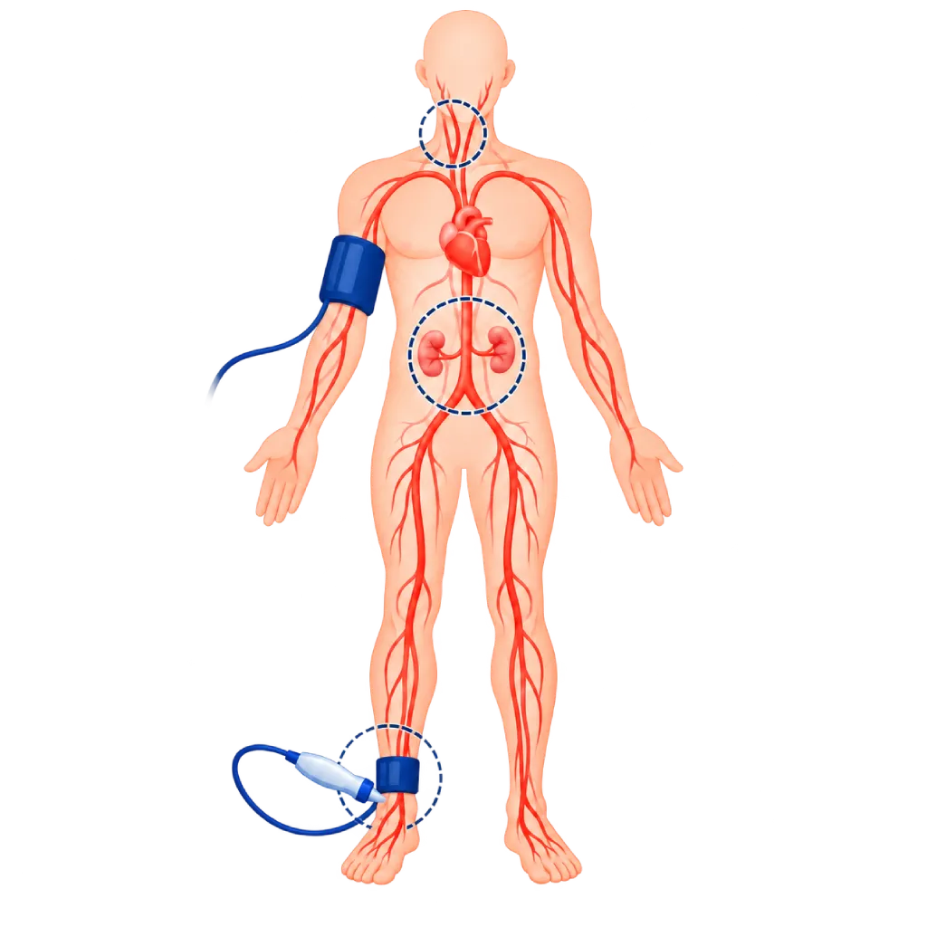 Ilustrasi skrining vaskular dengan sistem arteri tubuh, penanda pada arteri leher, aorta abdominal, dan pergelangan kaki, manset tekanan darah, serta probe Doppler.