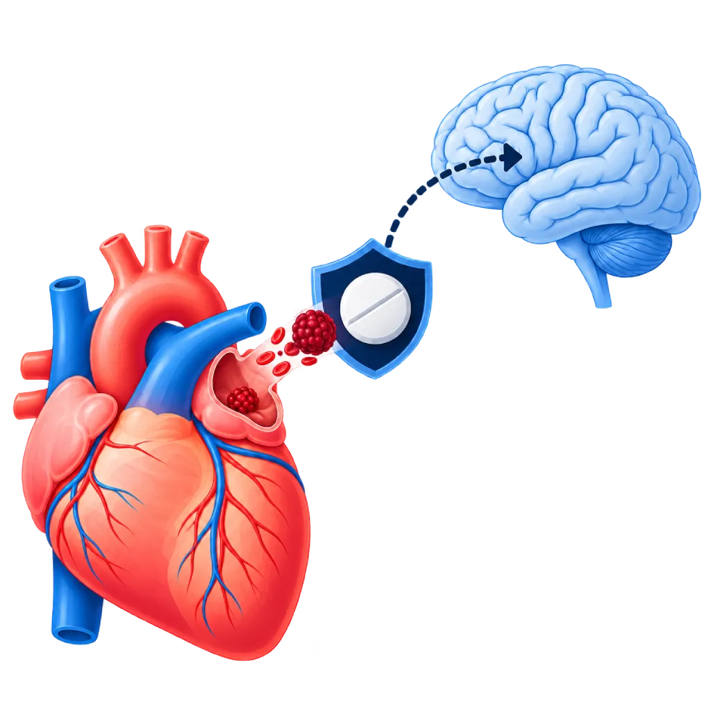Ilustrasi terapi antikoagulan dengan jantung, bekuan darah, perisai berisi tablet, jalur menuju otak, dan konsep pencegahan stroke.