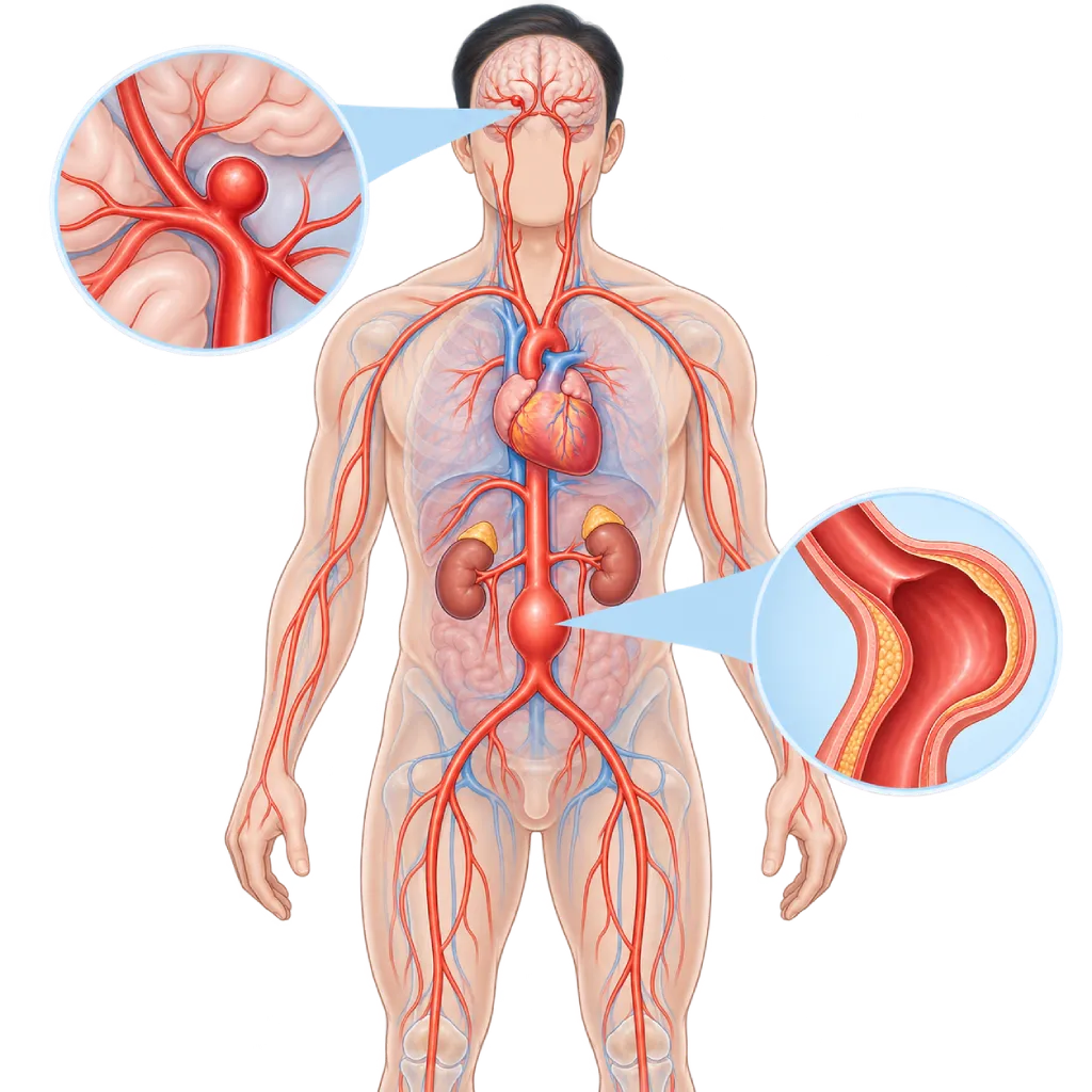Ilustrasi medis semi-transparan tubuh manusia dengan pohon arteri utama dari kepala hingga lutut, menunjukkan aneurisma aorta abdominal berupa pelebaran seperti balon di aorta bawah, inset aneurisma kecil pada pembuluh darah otak, serta inset penampang dinding arteri yang menipis dan menonjol keluar.