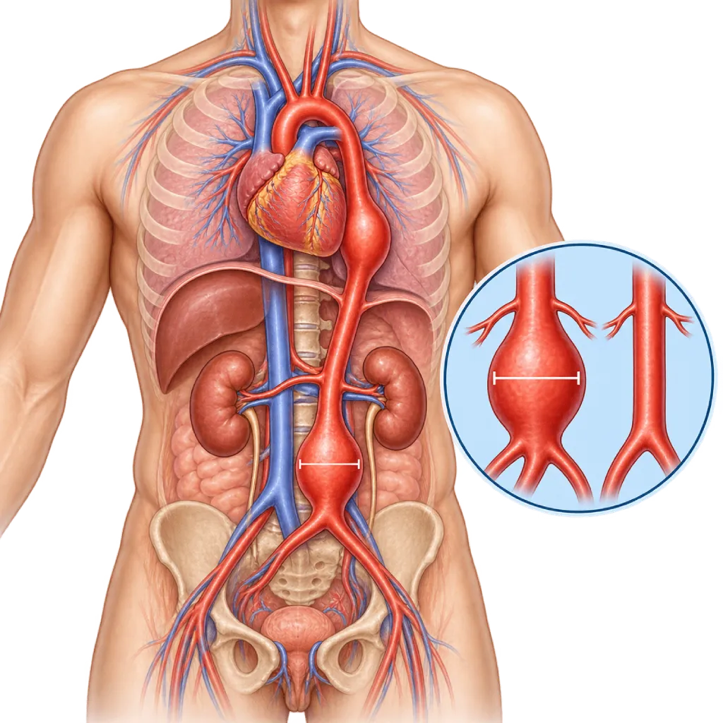 Ilustrasi medis anatomi jantung dan aorta yang menampilkan aneurisma aorta torakal dan aneurisma aorta abdominal, dengan pelebaran pada aorta dada dan aorta perut serta inset perbandingan ukuran aorta yang melebar dan normal.