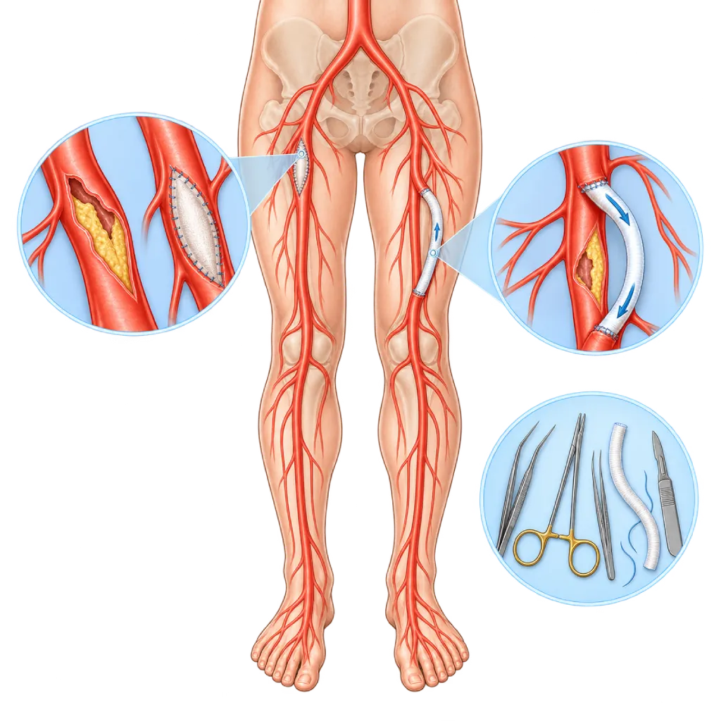 Ilustrasi bedah vaskular perifer: perbaikan arteri tungkai dengan tambalan dan saluran pintas