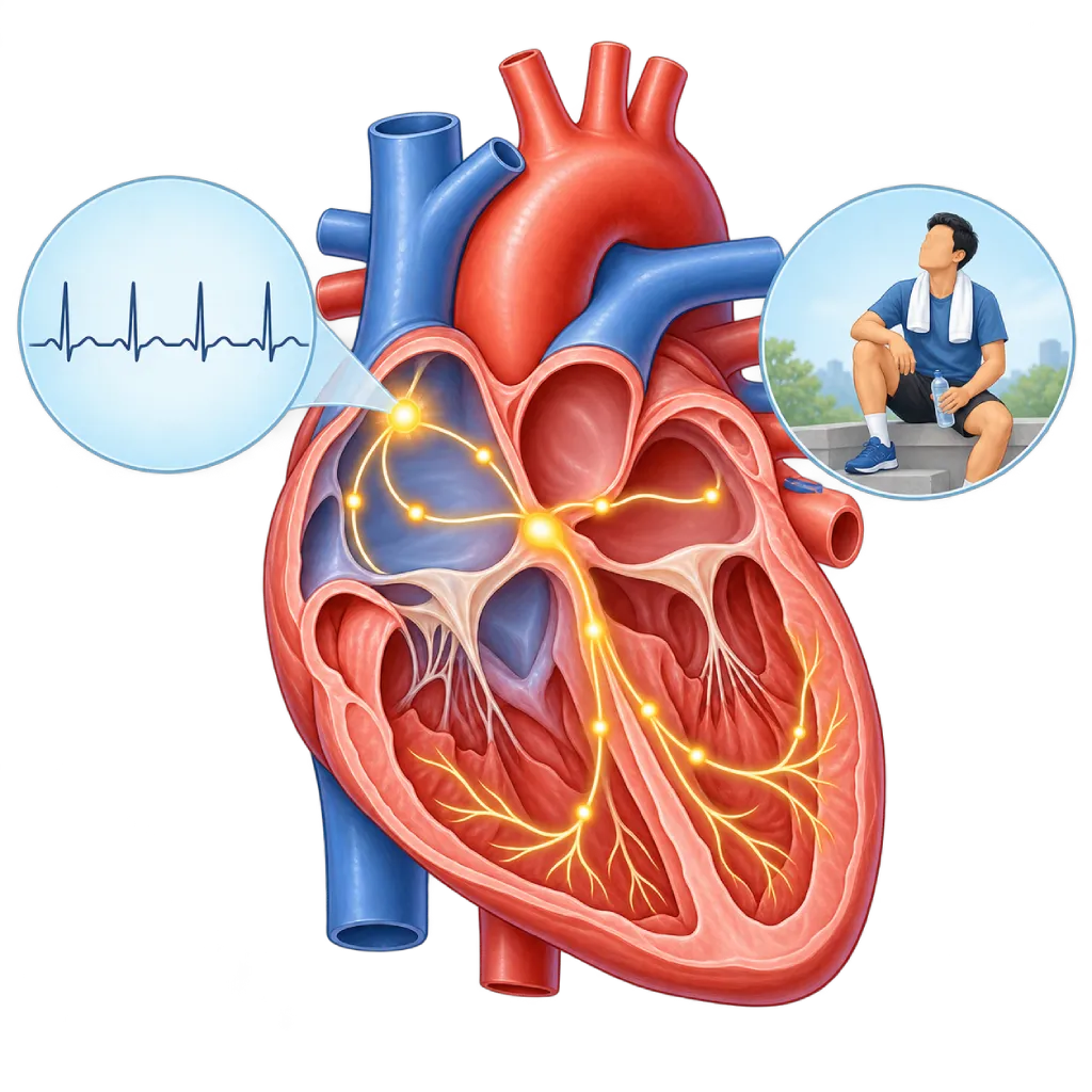 Ilustrasi medis jantung dengan sistem konduksi listrik normal dan nodus sinus yang menghasilkan denyut lambat namun teratur, disertai inset gelombang EKG dengan jarak antardenyut panjang dan sosok pelari yang beristirahat setelah olahraga.