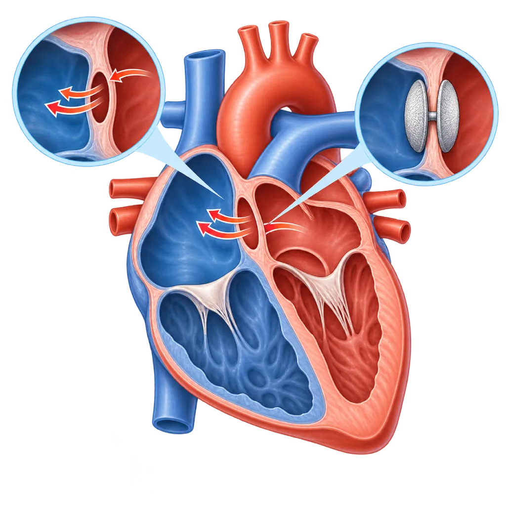 Ilustrasi medis defek septum atrium atau atrial septal defect (ASD) pada jantung, menampilkan lubang pada sekat antara atrium kiri dan kanan, pembesaran sisi kanan jantung, serta inset perangkat penutupan ASD melalui kateter.