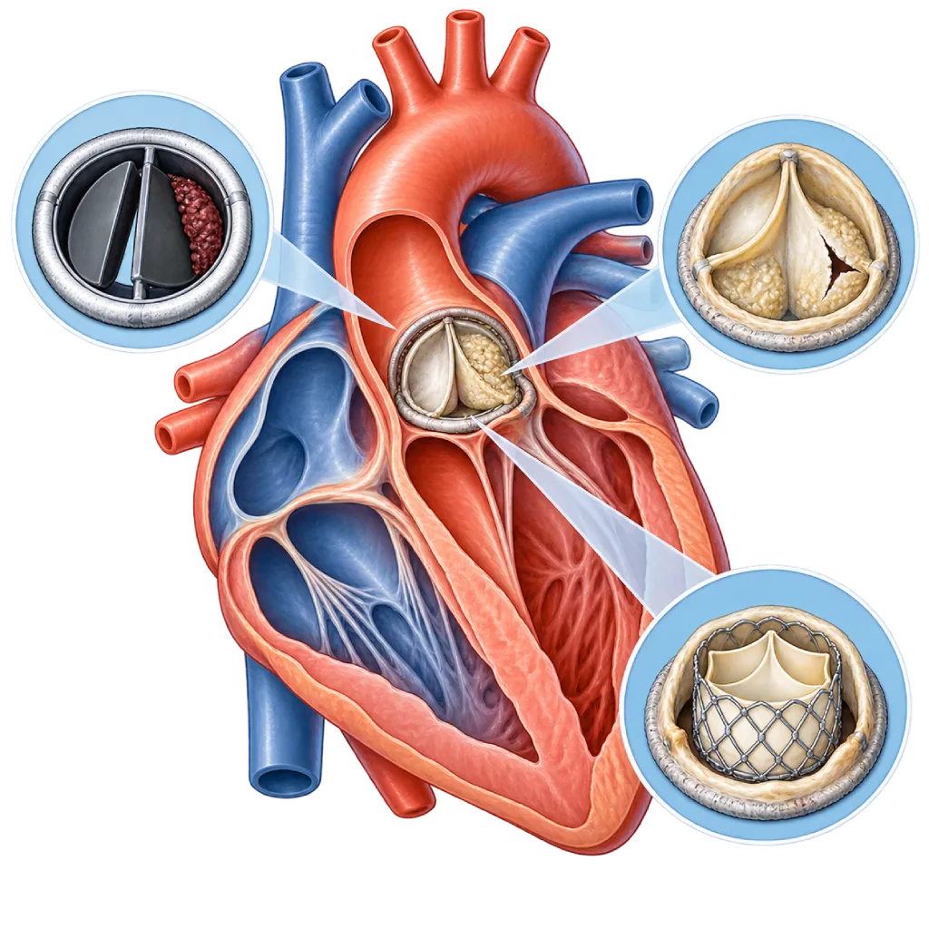 Ilustrasi potongan jantung dengan katup aorta prostetik yang menunjukkan leaflet menebal akibat kalsifikasi, serta inset katup mekanik dengan trombus, katup biologis yang robek, dan katup transkateter baru di dalam katup bedah lama.