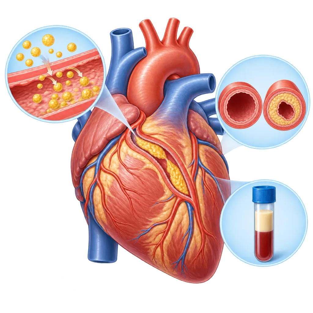 Ilustrasi medis arteri koroner di permukaan jantung yang menyempit akibat plak lemak kuning, dengan inset partikel LDL yang masuk ke dinding arteri, perbandingan arteri normal dan arteri menyempit, serta tabung darah dengan lapisan trigliserida berlebih.