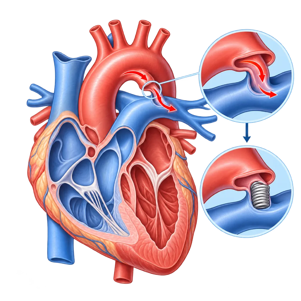 Ilustrasi medis jantung bayi dengan Patent Ductus Arteriosus (PDA), menunjukkan saluran terbuka antara aorta dan arteri pulmonalis serta inset alat koil untuk menutup PDA.