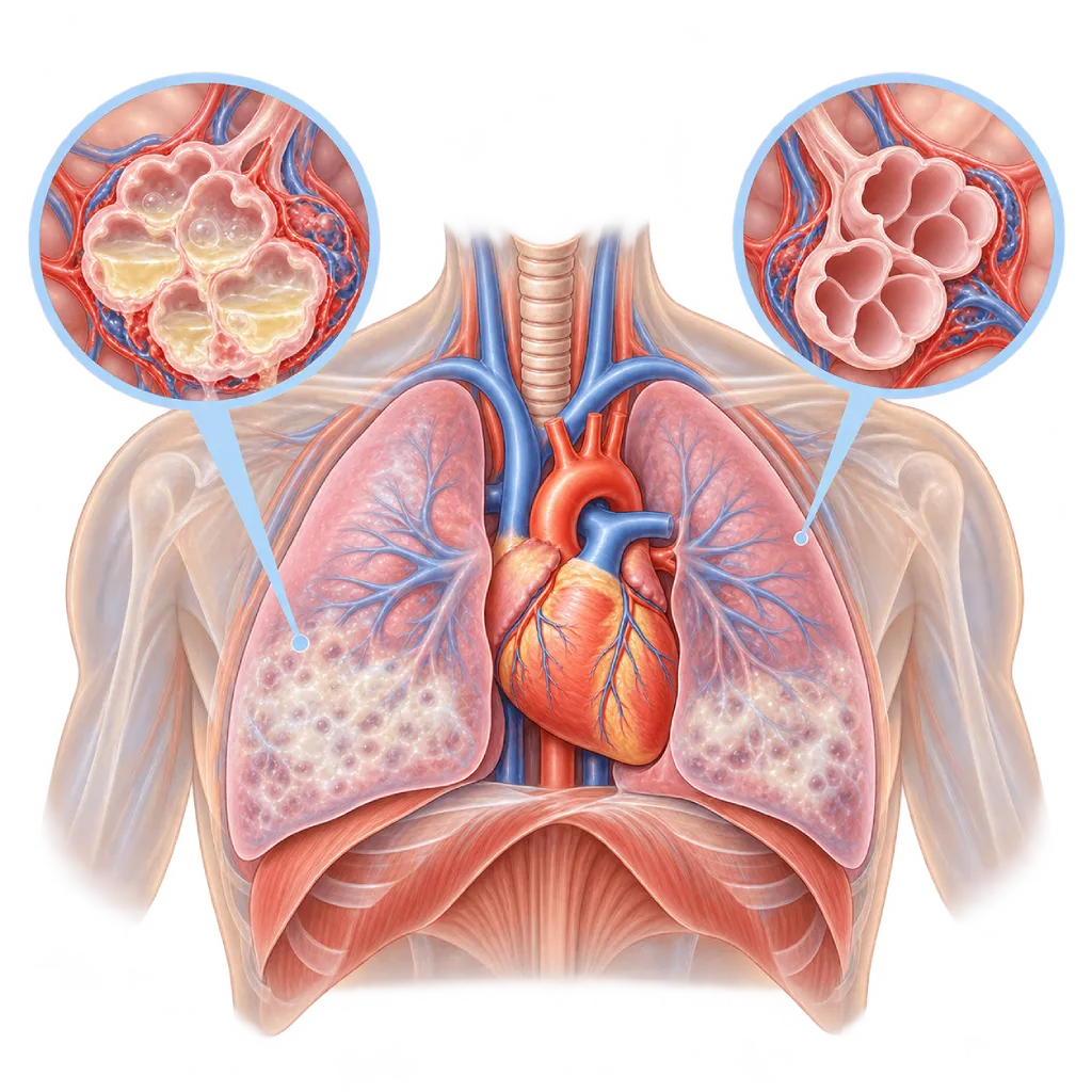 Ilustrasi medis edema paru nonkardiogenik dengan dada semi-transparan yang memperlihatkan kedua paru berisi cairan di alveoli bagian bawah, jantung berukuran normal, serta inset perbandingan alveoli terisi cairan dan alveoli sehat.