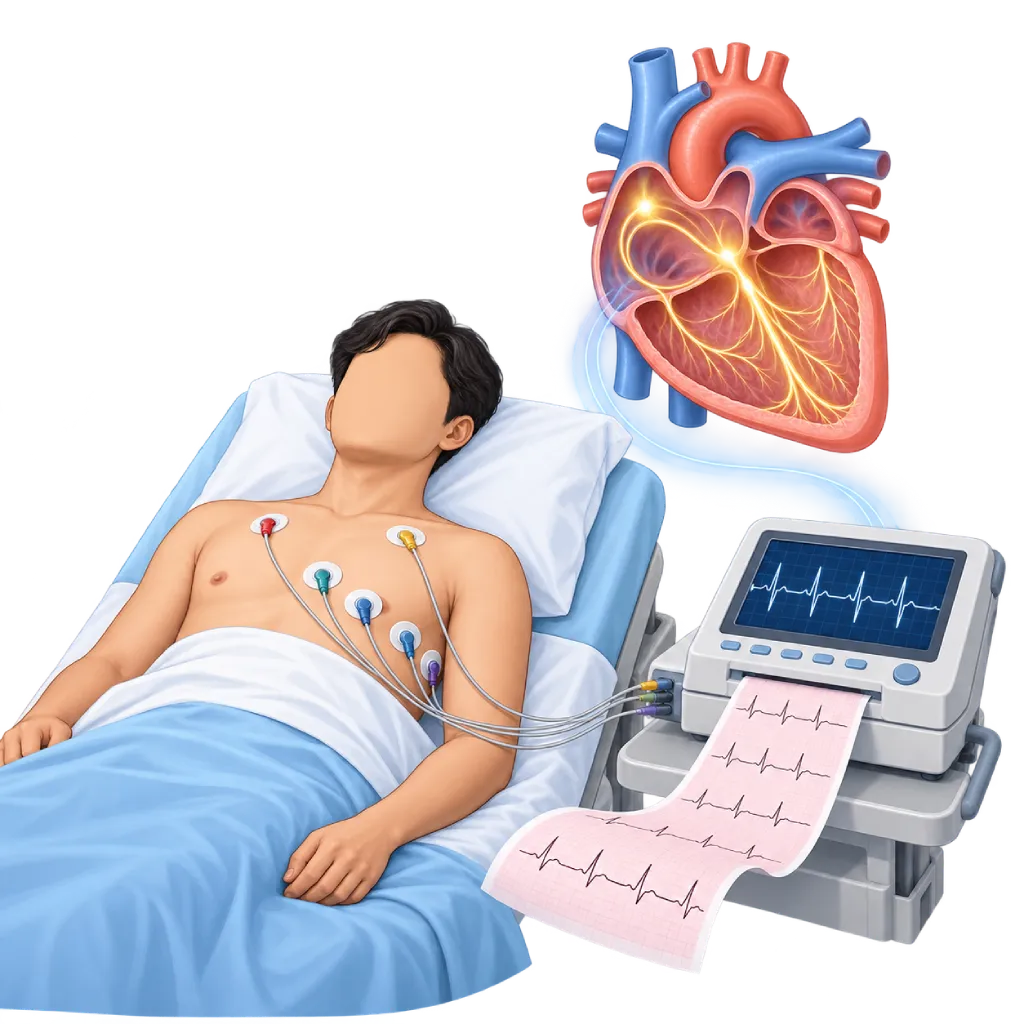 Ilustrasi pemeriksaan EKG: elektroda di dada merekam irama listrik jantung