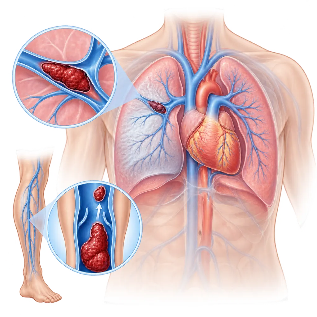 Ilustrasi medis emboli paru pada dada manusia dengan bekuan darah yang menyumbat cabang arteri pulmonalis kanan dan area paru di belakang sumbatan tampak lebih pucat, disertai inset sumbatan arteri paru serta bekuan pada vena dalam tungkai yang sebagian terlepas dan bergerak menuju paru-paru.