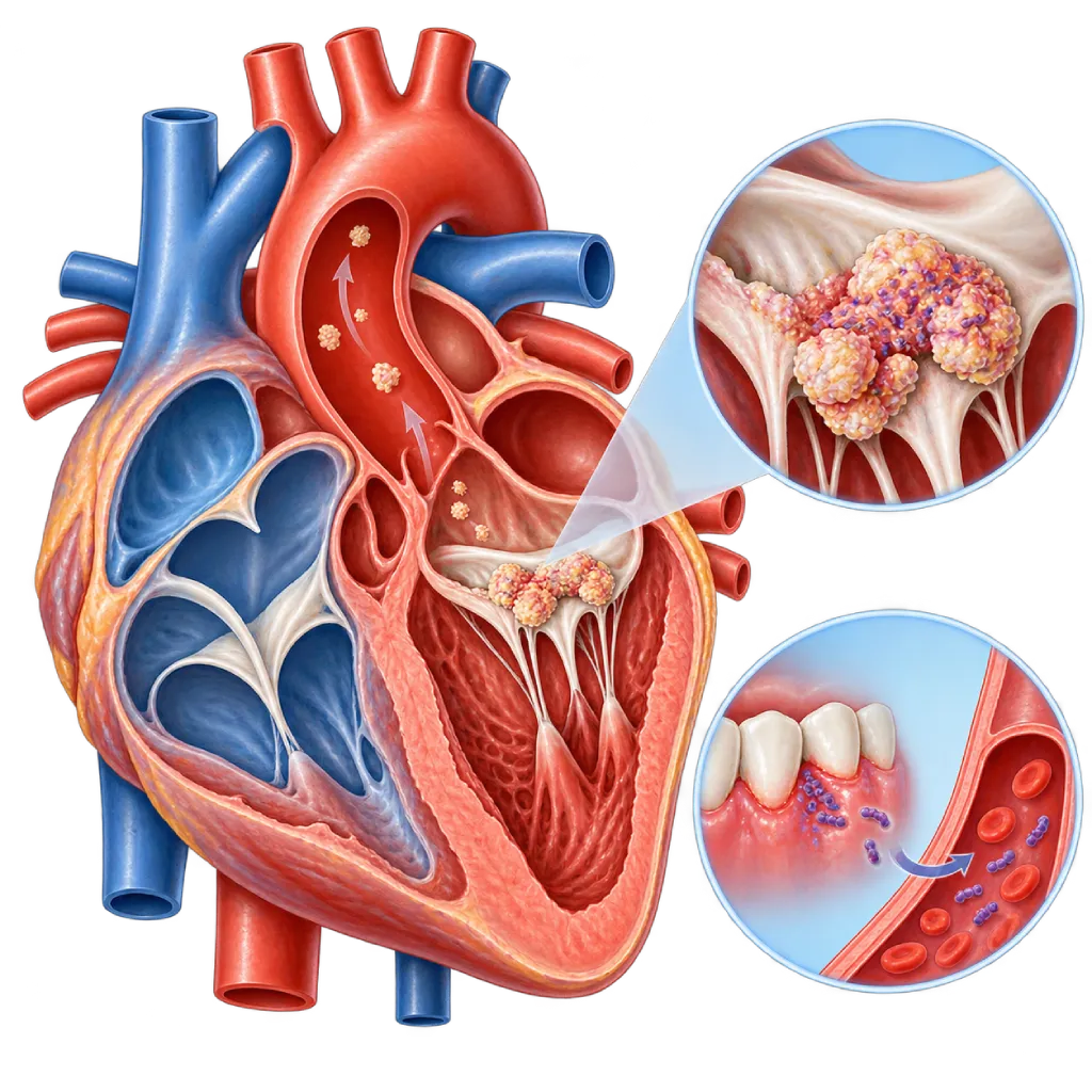 Ilustrasi medis endokarditis infektif pada jantung dengan vegetasi tidak beraturan di daun katup mitral, fragmen yang bergerak menuju aorta, serta inset kumpulan bakteri dan material bekuan pada katup dan bakteri yang masuk ke aliran darah dari gusi meradang.