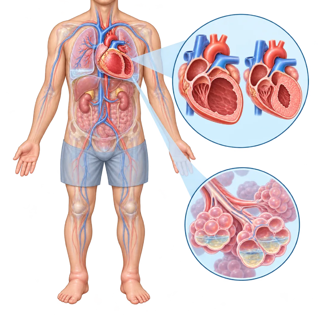 Ilustrasi medis gagal jantung pada tubuh manusia dengan jantung membesar dan ventrikel kiri melebar, cairan di bagian bawah paru-paru, serta pembengkakan pergelangan kaki, disertai inset perbandingan ventrikel kiri yang melebar dan ventrikel berdinding tebal serta cairan di kantung udara paru.