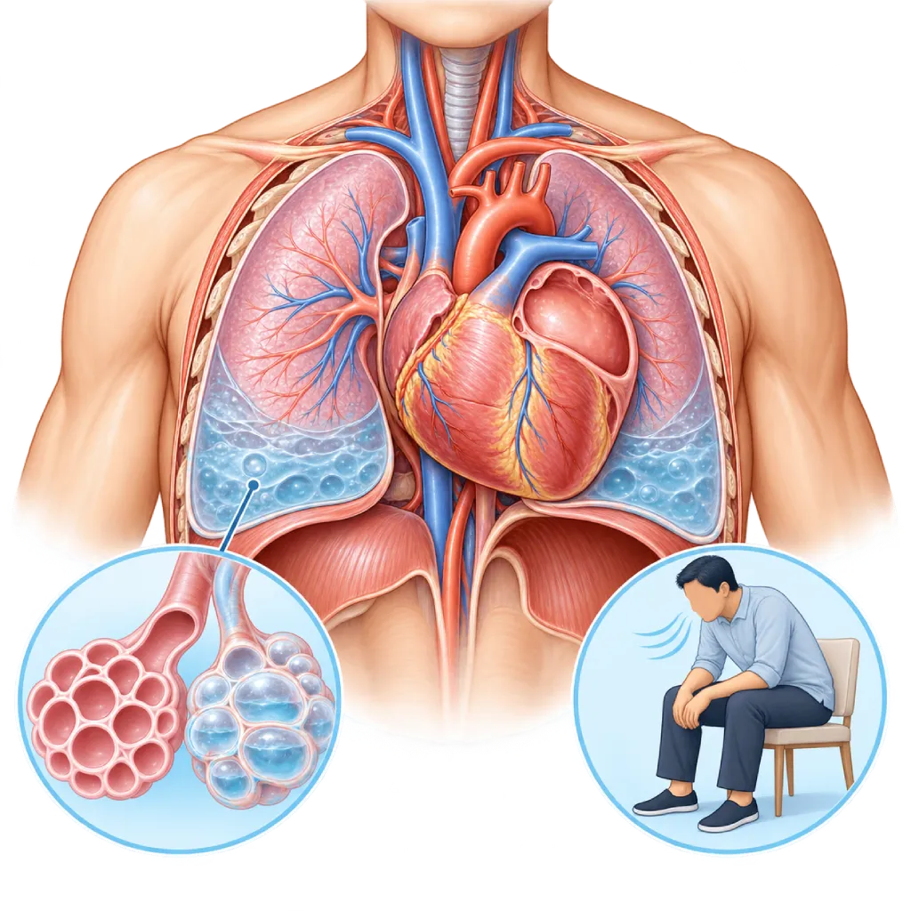 Ilustrasi medis edema paru pada dada manusia dengan potongan jantung dan paru-paru, memperlihatkan atrium kiri yang membesar, alveoli paru berisi cairan, perbandingan alveoli normal dan alveoli berisi cairan, serta sosok pasien yang membungkuk saat sesak napas.