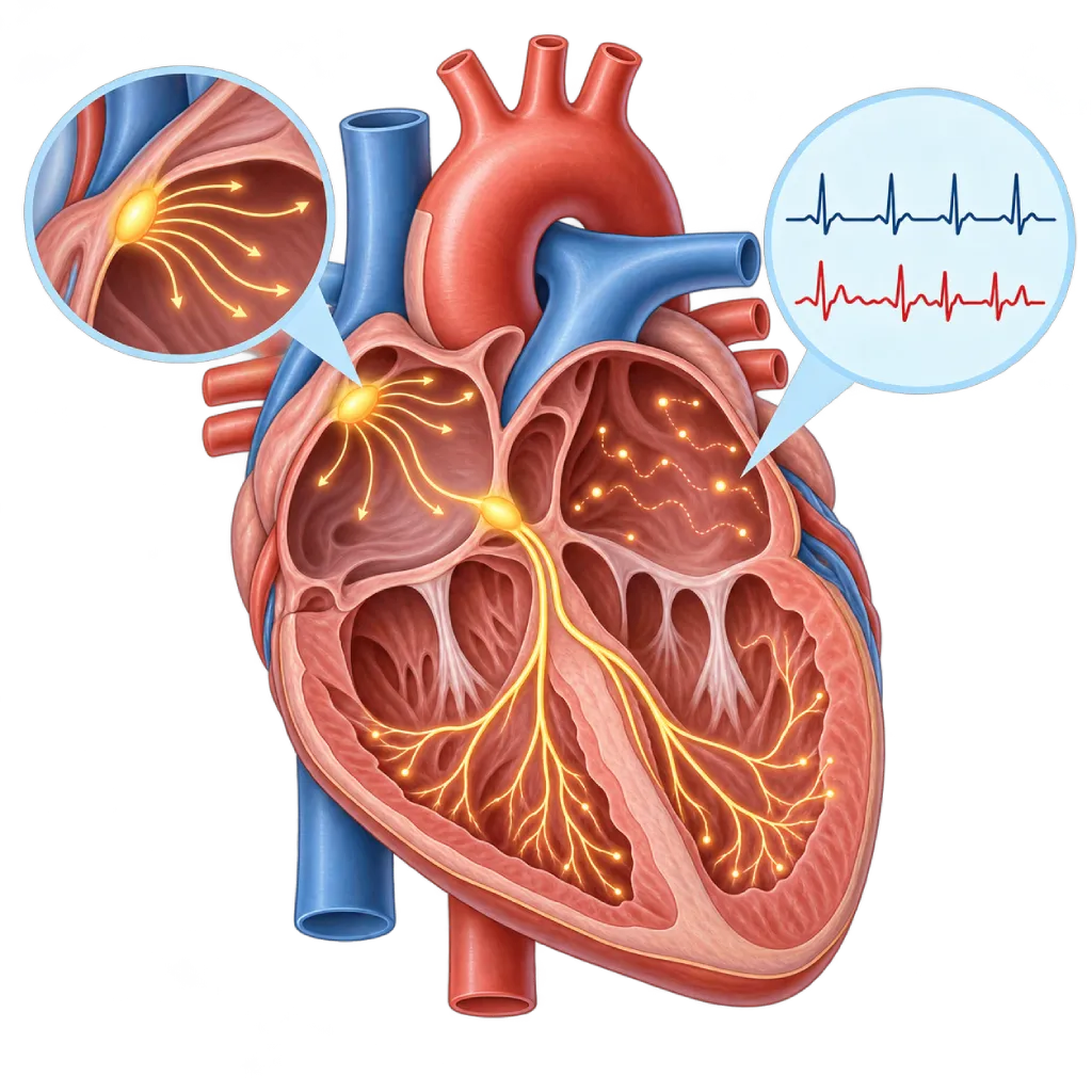 Ilustrasi medis sistem konduksi jantung dengan nodus sinus, nodus AV, jalur listrik ke kedua ventrikel, sinyal listrik yang tidak teratur, serta inset perbandingan denyut jantung normal dan aritmia.