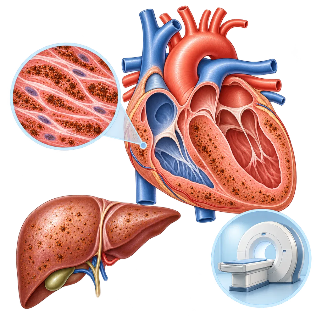 Ilustrasi medis hemokromatosis dengan endapan zat besi berwarna cokelat pada dinding otot jantung dan hati, ventrikel kiri sedikit membesar, serta inset sel otot jantung berisi granula besi dan alat MRI.