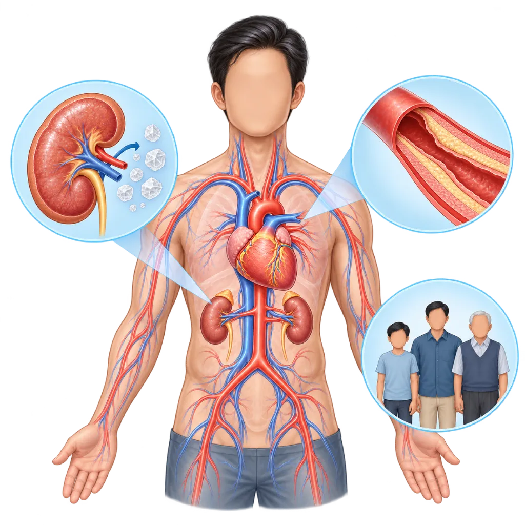Ilustrasi hipertensi primer dengan jantung dan pembuluh darah, inset ginjal yang menahan garam, penampang arteri dengan dinding menebal dan kaku, serta tiga anggota keluarga yang menggambarkan faktor genetik.