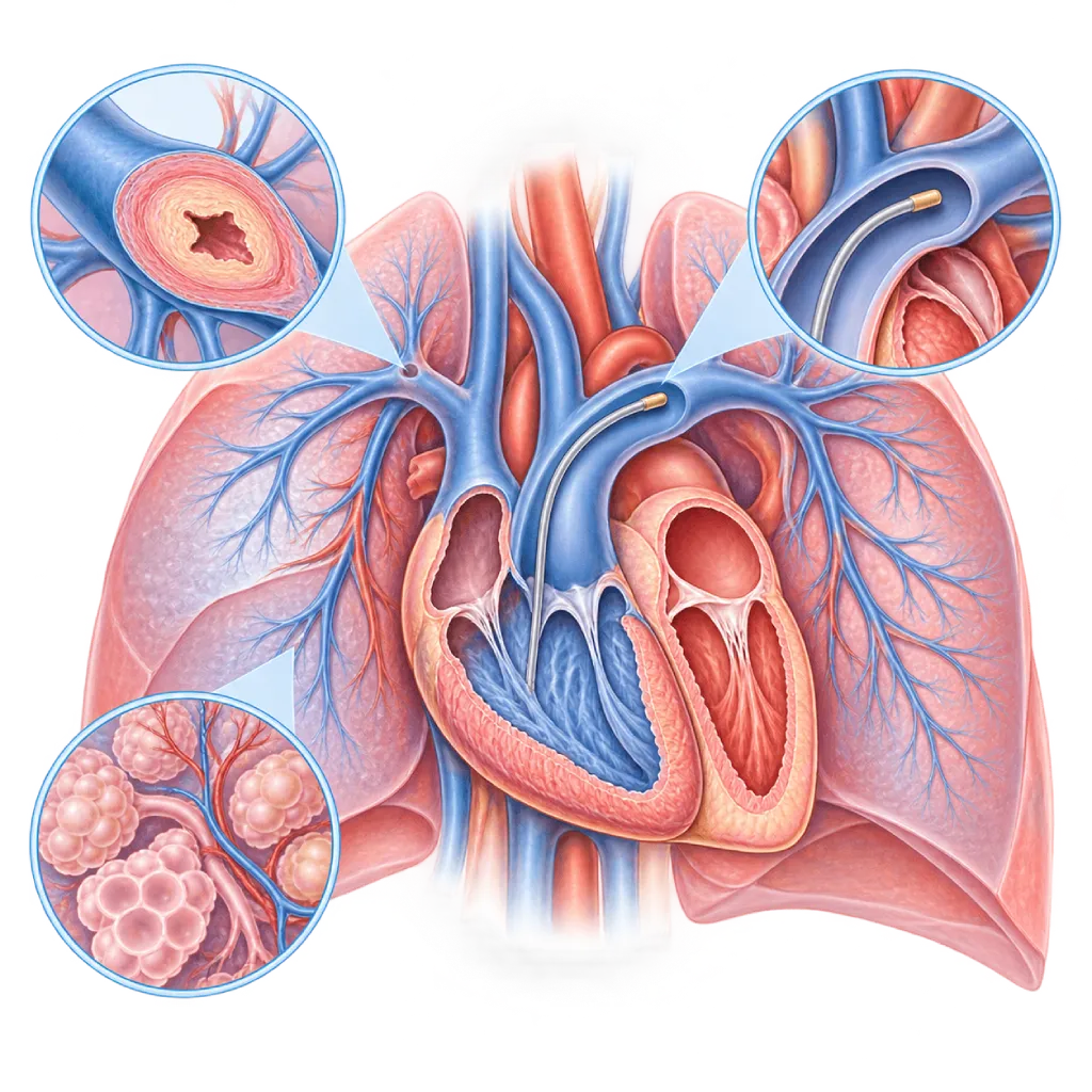 Ilustrasi medis hipertensi pulmonal dengan ventrikel kanan membesar dan berdinding tebal, arteri pulmonalis melebar, serta inset pembuluh darah paru yang menyempit, jaringan paru sehat, dan kateter di dalam arteri pulmonalis.