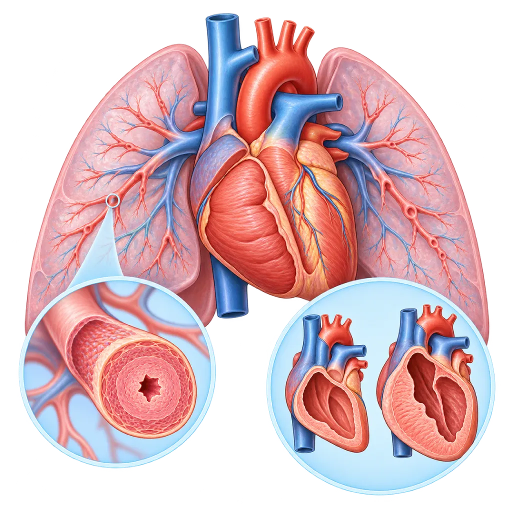 Ilustrasi hipertensi pulmonal dengan arteri kecil paru yang dindingnya menebal dan lumen menyempit, ventrikel kanan jantung yang membesar, serta inset perbandingan ventrikel kanan normal dan hipertrofi.