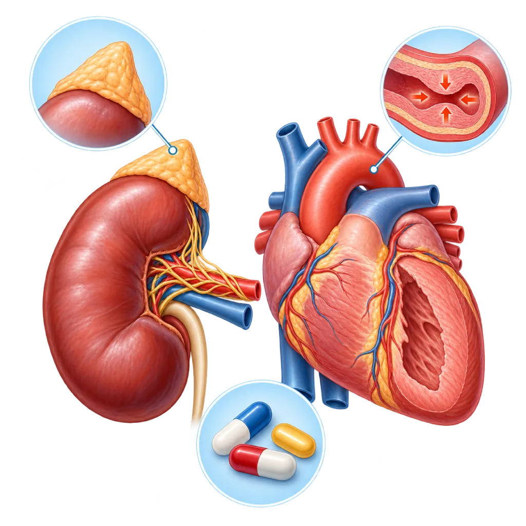 Ilustrasi hipertensi resisten dengan ginjal dan jaringan saraf di sekitar arteri renalis, jantung dengan ventrikel kiri menebal, tiga jenis obat antihipertensi, kelenjar adrenal, dan penampang arteri yang kaku akibat tekanan tinggi.