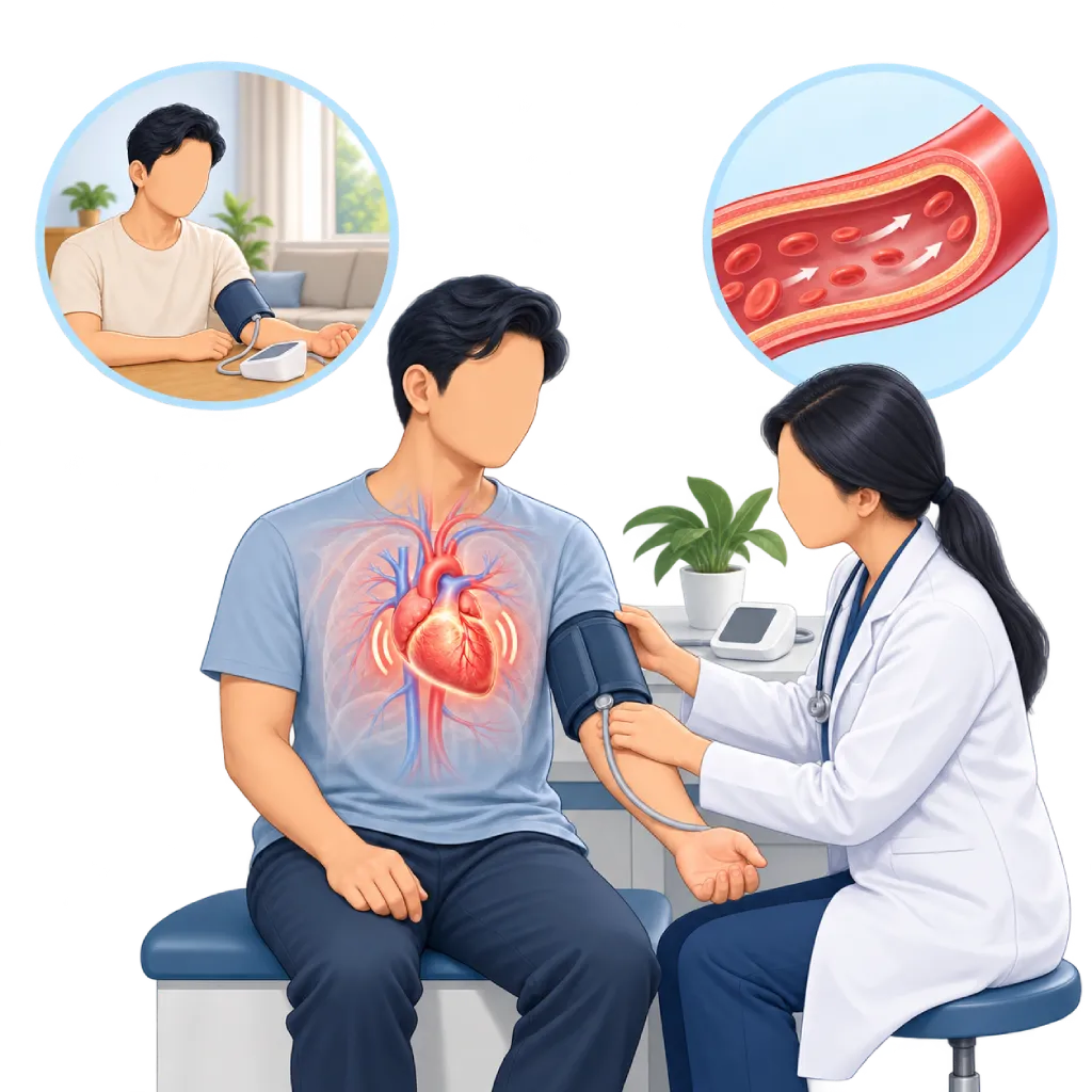 Ilustrasi hipertensi jas putih dengan pasien menjalani pengukuran tekanan darah oleh dokter di klinik, jantung berdebar lebih cepat, serta inset pengukuran tekanan darah di rumah dan pembuluh darah dalam kondisi rileks.