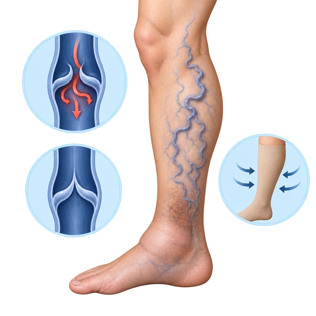Ilustrasi medis varises pada tungkai bawah bagian dalam, menampilkan vena superfisial yang melebar dan berkelok, pembengkakan di sekitar pergelangan kaki, perubahan warna kulit kecokelatan di atas pergelangan kaki bagian dalam, serta inset katup vena bocor, katup vena normal, dan stoking kompresi.