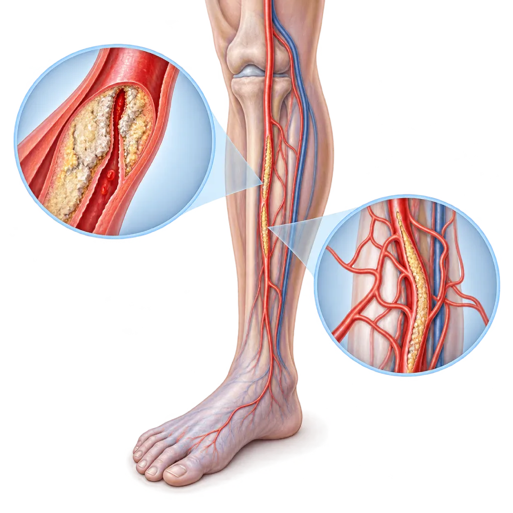 Ilustrasi medis tungkai bawah dan kaki dengan arteri di bawah lutut yang menyempit berat dan sebagian tersumbat oleh plak berkalsifikasi, sehingga hanya sedikit aliran darah mencapai kaki, disertai pembuluh kolateral kecil di sekitar sumbatan.