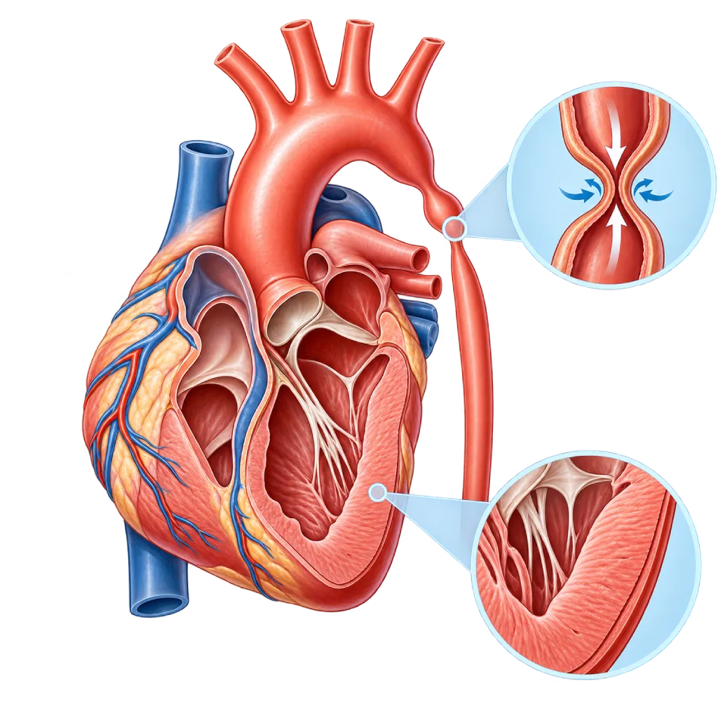 Ilustrasi medis koarktasio aorta pada jantung manusia yang memperlihatkan penyempitan aorta desendens, perbedaan aliran darah di atas dan bawah area sempit, serta inset penampang penyempitan aorta dan penebalan ventrikel kiri.