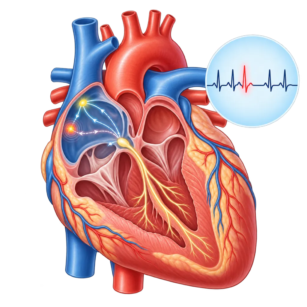 Ilustrasi medis PAC dengan fokus listrik prematur di atrium kanan yang muncul terpisah dari nodus sinus, disertai gelombang EKG dengan satu denyut atrium dini diikuti jeda singkat.
