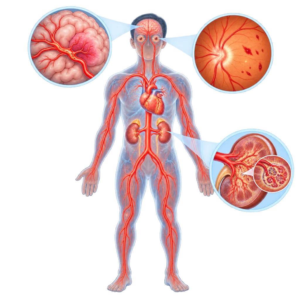 Ilustrasi krisis hipertensi dengan pembuluh darah bertekanan tinggi pada tubuh, disertai inset pembuluh otak yang mengalami tekanan, retina dengan pembengkakan dan perdarahan kecil, serta ginjal dengan kerusakan pembuluh penyaring.