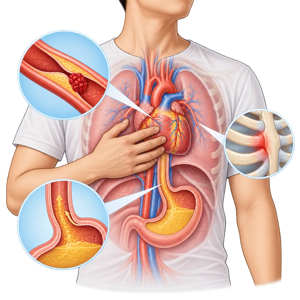 Ilustrasi anatomi nyeri dada dengan tangan di tengah dada, menampilkan jantung, paru, aorta, esofagus, dan lambung, serta inset arteri koroner menyempit dengan bekuan darah, refluks asam lambung ke esofagus, dan peradangan tulang rawan iga.