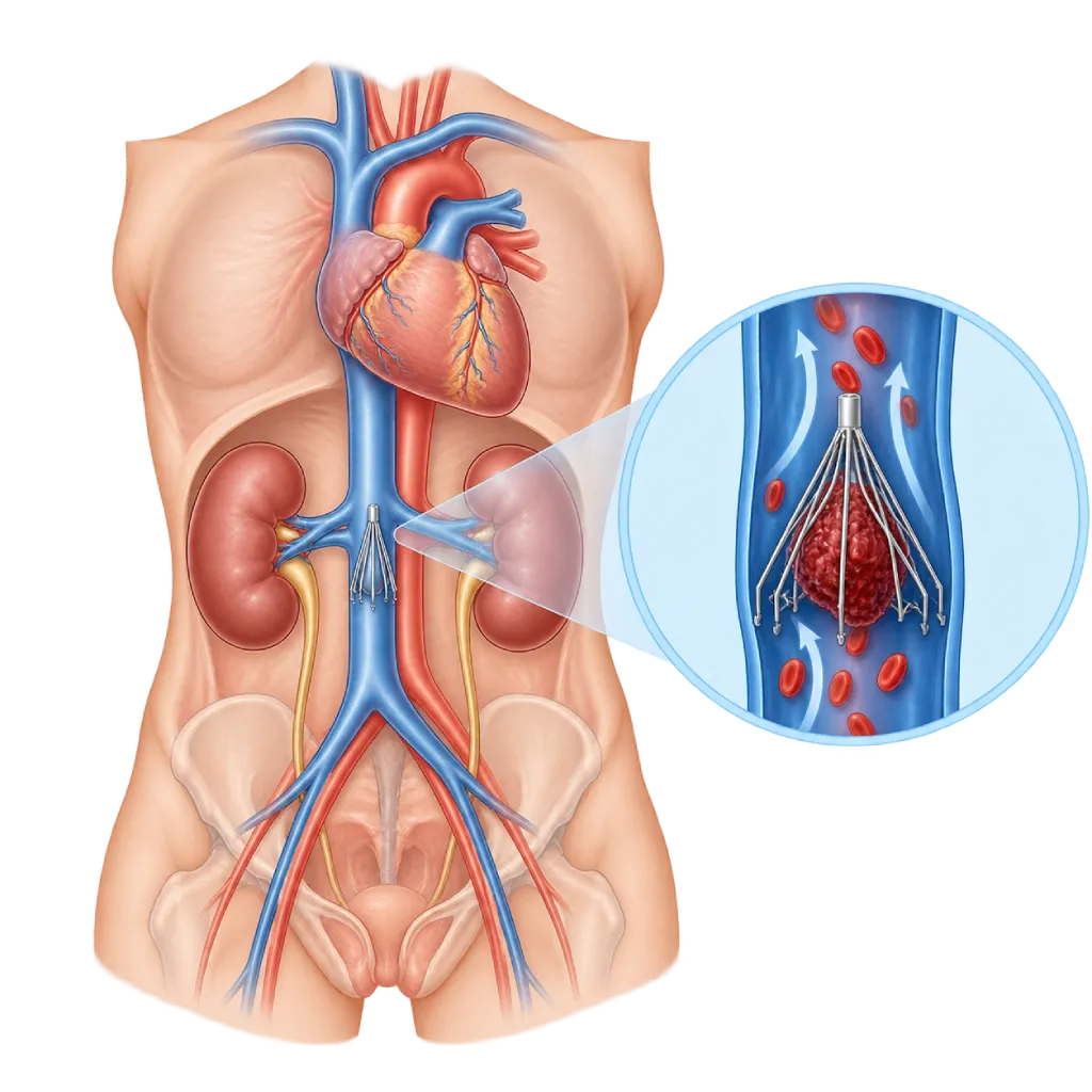 Ilustrasi filter vena cava: penyaring kecil di pembuluh vena besar menangkap bekuan darah sebelum ke paru