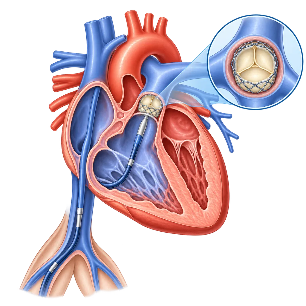 Ilustrasi TPVR dengan potongan jantung yang menunjukkan ventrikel kanan dan arteri pulmonalis, kateter dari vena tungkai yang menempatkan katup pulmonal berbingkai stent, serta inset pembesaran katup baru yang telah mengembang.