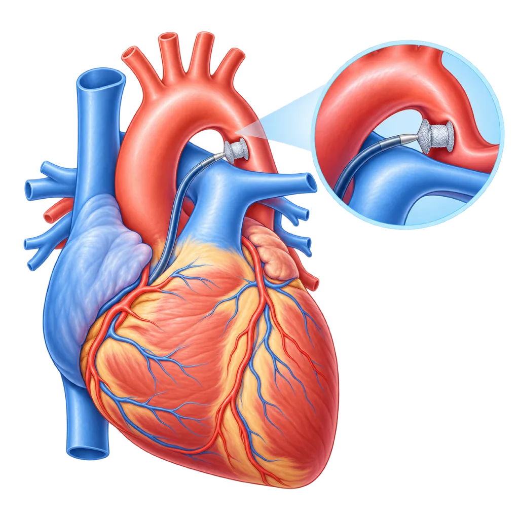 Ilustrasi penutupan PDA pada jantung anak dengan kateter yang membawa perangkat plug untuk menutup hubungan abnormal antara aorta dan arteri pulmonalis, disertai inset pembesaran perangkat penutup.