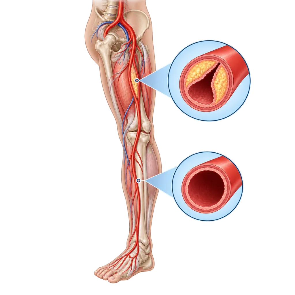 Ilustrasi medis semi-transparan tungkai orang dewasa yang menunjukkan arteri utama dari panggul hingga kaki, dengan penyempitan arteri paha akibat plak kuning serta dua inset perbandingan penampang arteri yang menyempit dan arteri sehat.