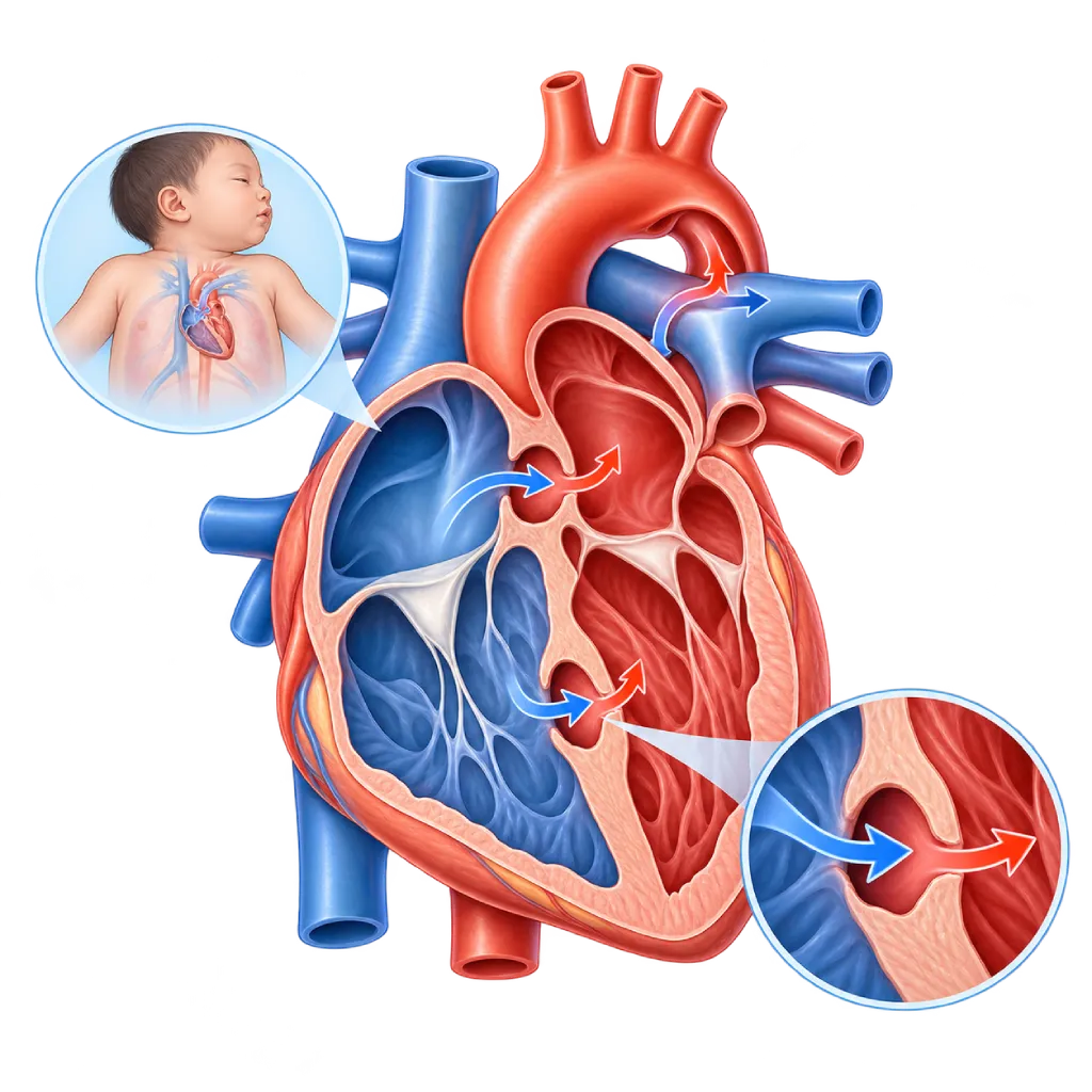 Ilustrasi medis jantung bawaan pada anak yang menunjukkan defek septum atrium (ASD), defek septum ventrikel (VSD), dan patent ductus arteriosus (PDA) dengan aliran darah melewati beberapa celah pada jantung.