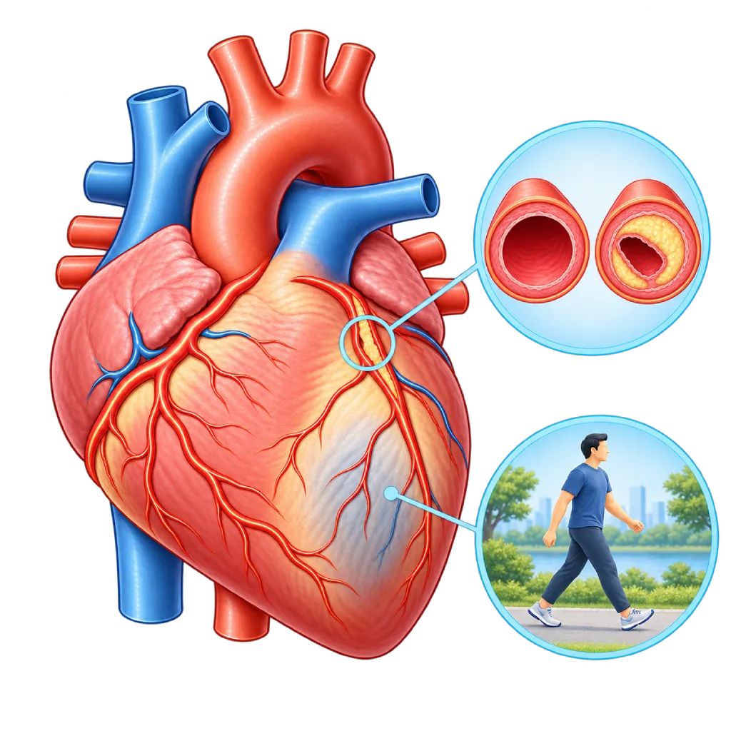 Ilustrasi medis penyakit jantung koroner dengan tampak depan jantung, arteri koroner utama yang menyempit akibat plak lemak, area otot jantung yang aliran darahnya berkurang, inset perbandingan arteri normal dan arteri menyempit, serta figur orang berjalan cepat di taman.