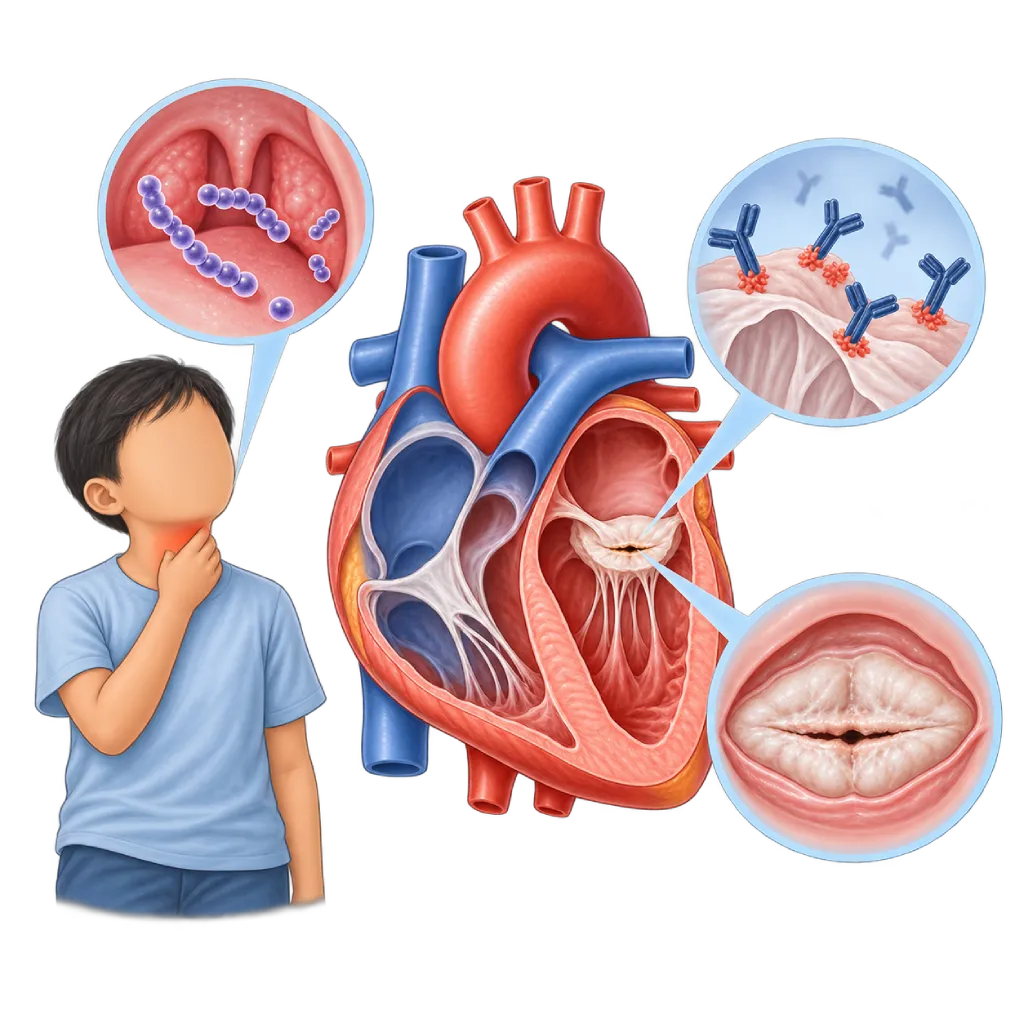 Ilustrasi medis penyakit jantung rematik pada anak dengan potongan jantung yang menunjukkan katup mitral menebal dan menyempit, disertai inset bakteri streptokokus di tenggorokan, antibodi yang menyerang jaringan katup, dan gambaran bukaan katup mitral yang rusak.