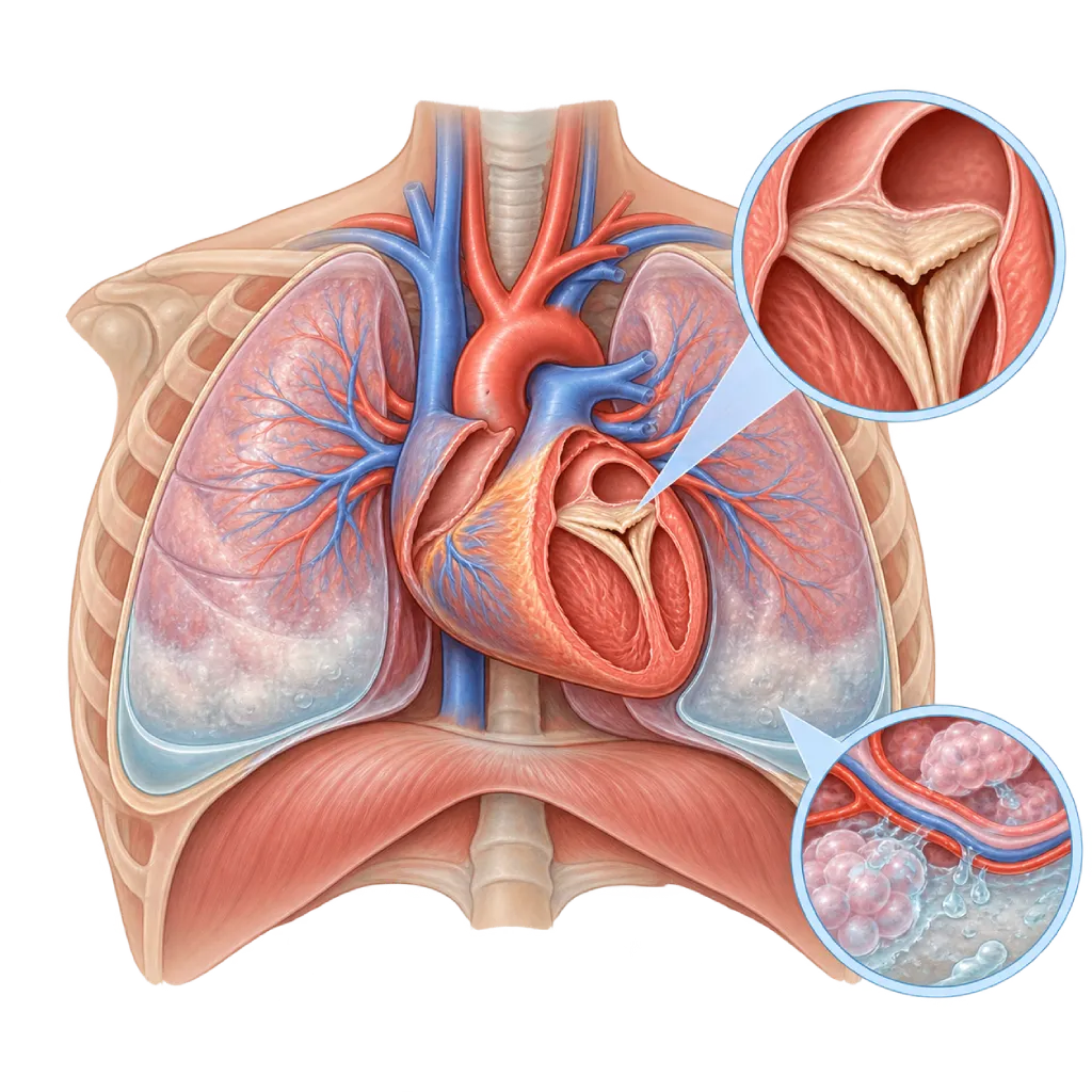 Ilustrasi medis dada semi-transparan dengan jantung kiri yang membesar dan melemah, vena pulmonalis yang mengalami kongesti, cairan di bagian bawah kedua paru serta efusi pleura ringan, disertai inset katup mitral yang menyempit dan cairan yang merembes dari pembuluh darah kecil paru ke jaringan sekitarnya.
