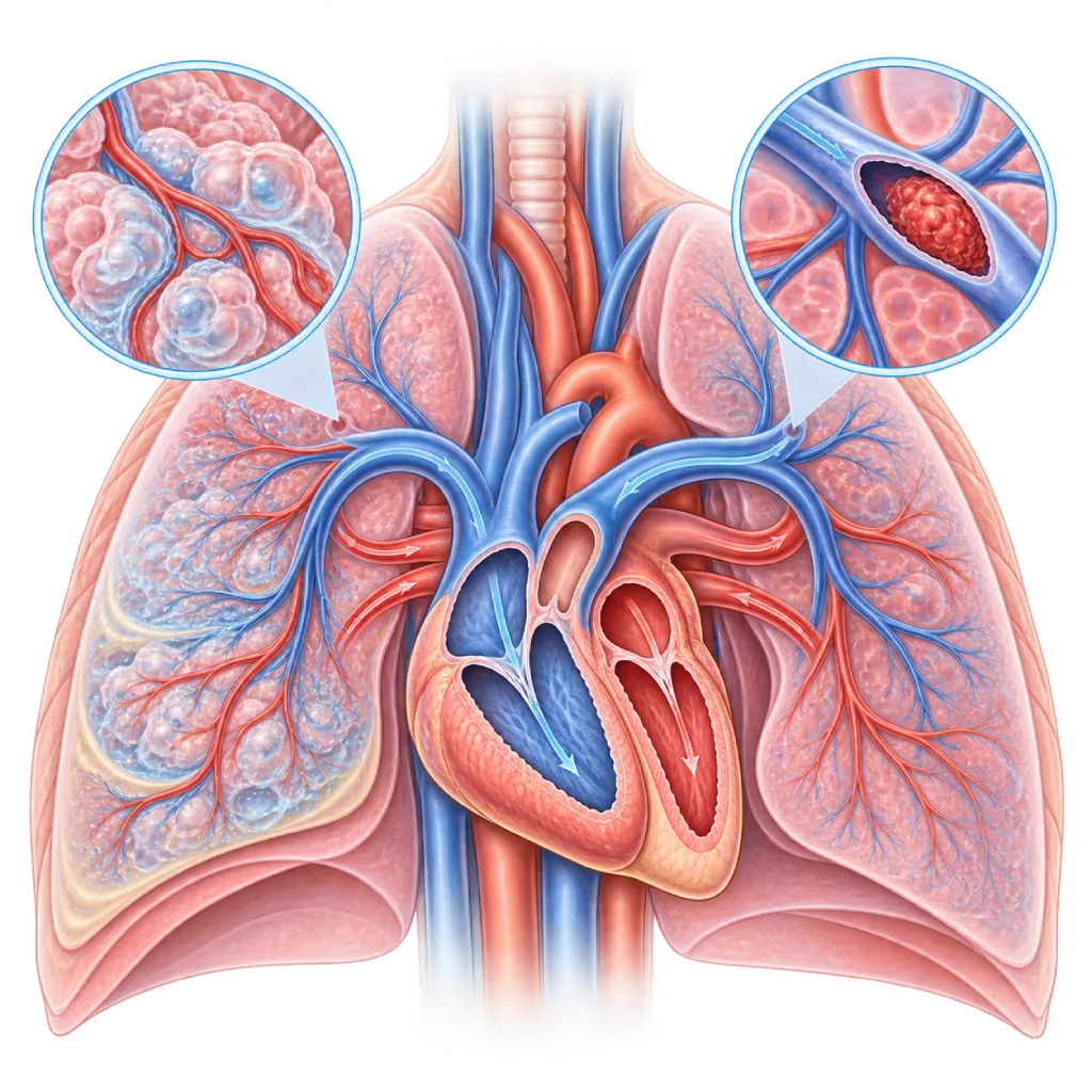 Ilustrasi anatomi jantung dan kedua paru yang memperlihatkan sirkulasi pulmonal, dengan darah dari jantung kanan mengalir melalui arteri pulmonalis ke paru dan kembali melalui vena pulmonalis ke jantung kiri, serta inset cairan pada jaringan paru dan bekuan darah yang menyumbat cabang arteri pulmonalis.
