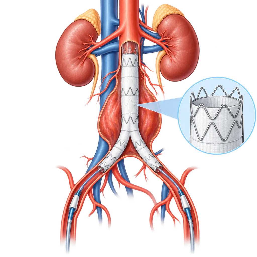 Ilustrasi EVAR pada aneurisma aorta abdominal dengan stent graft bercabang berbentuk Y di dalam aorta hingga kedua arteri iliaka, serta inset pembesaran struktur stent graft berlapis kain.
