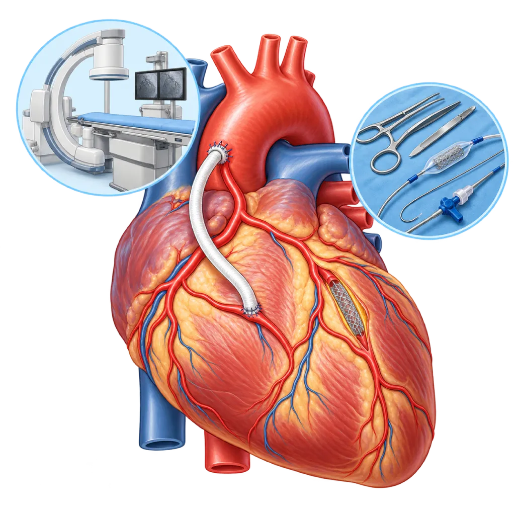 Ilustrasi prosedur hybrid jantung dengan graft bypass pada satu arteri koroner, stent pada arteri koroner lainnya, serta inset mesin C-arm dan instrumen bedah.