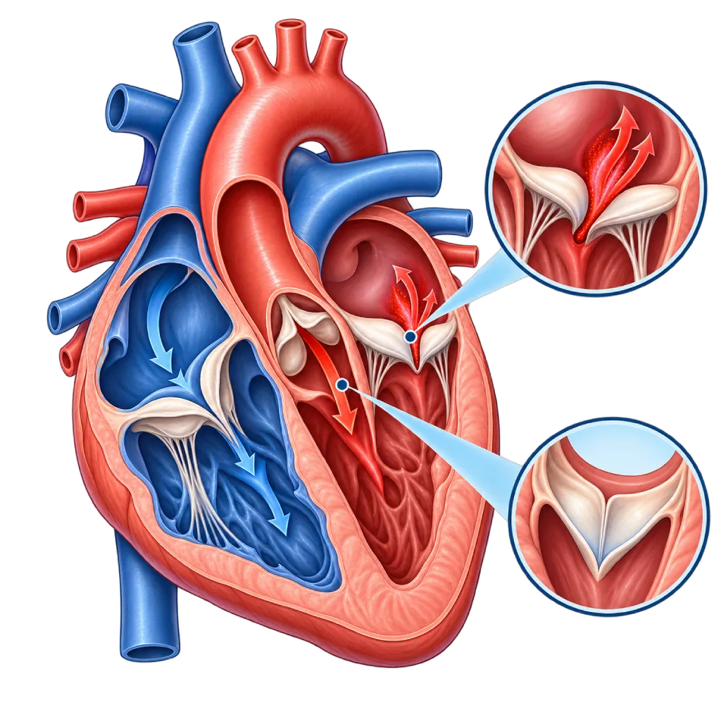 Ilustrasi medis potongan jantung manusia yang memperlihatkan empat katup jantung, dengan katup mitral dan katup aorta yang tidak menutup sempurna sehingga darah mengalir balik, serta inset perbandingan katup bocor dan katup normal.