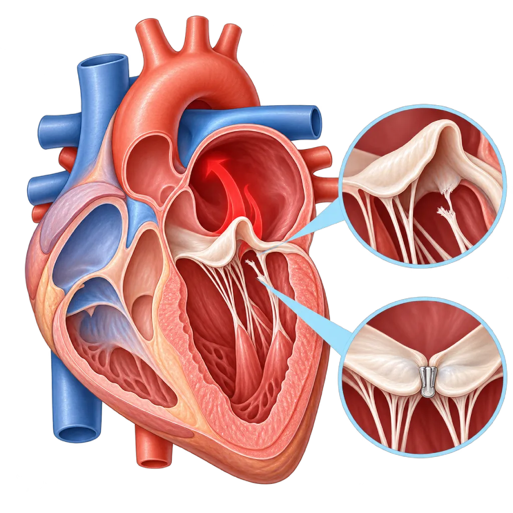 Ilustrasi anatomi jantung potongan melintang yang menampilkan prolaps katup mitral dengan leaflet menonjol ke atrium kiri, kebocoran darah saat kontraksi, inset korda yang robek, dan inset clip untuk perbaikan katup mitral.