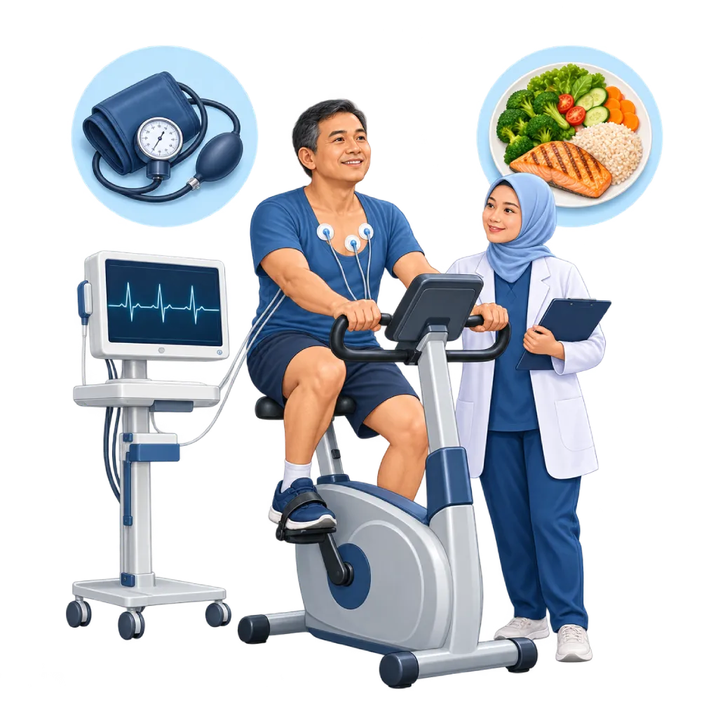 Ilustrasi rehabilitasi jantung fase II: latihan sepeda statis dengan pemantauan EKG di klinik