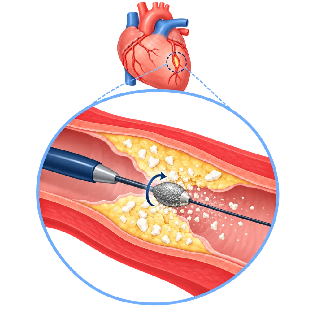 Ilustrasi rotational atherectomy koroner dengan pembesaran arteri koroner yang menyempit oleh plak kalsifikasi, burr berputar pada guidewire, dan area target pada jantung.