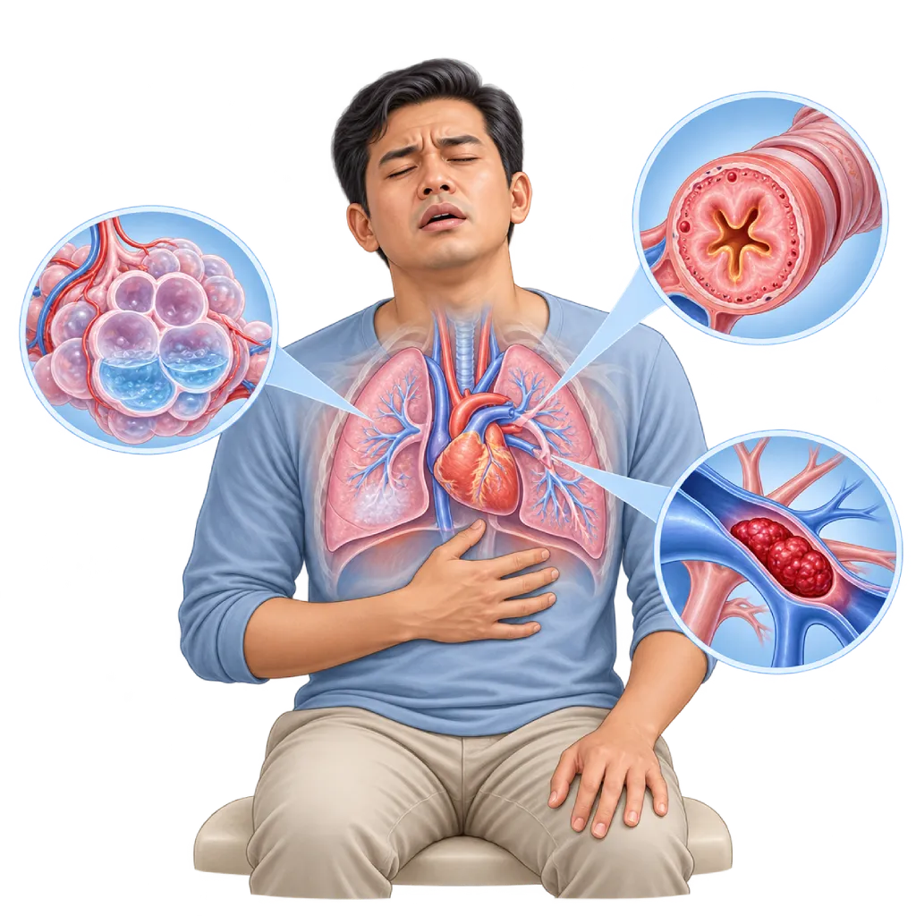 Ilustrasi medis seorang dewasa duduk tegak dengan napas berat, memperlihatkan jantung dan paru-paru di dalam dada, serta inset yang menunjukkan alveoli berisi cairan, saluran napas yang menyempit dan meradang, dan bekuan darah yang menyumbat cabang arteri paru.