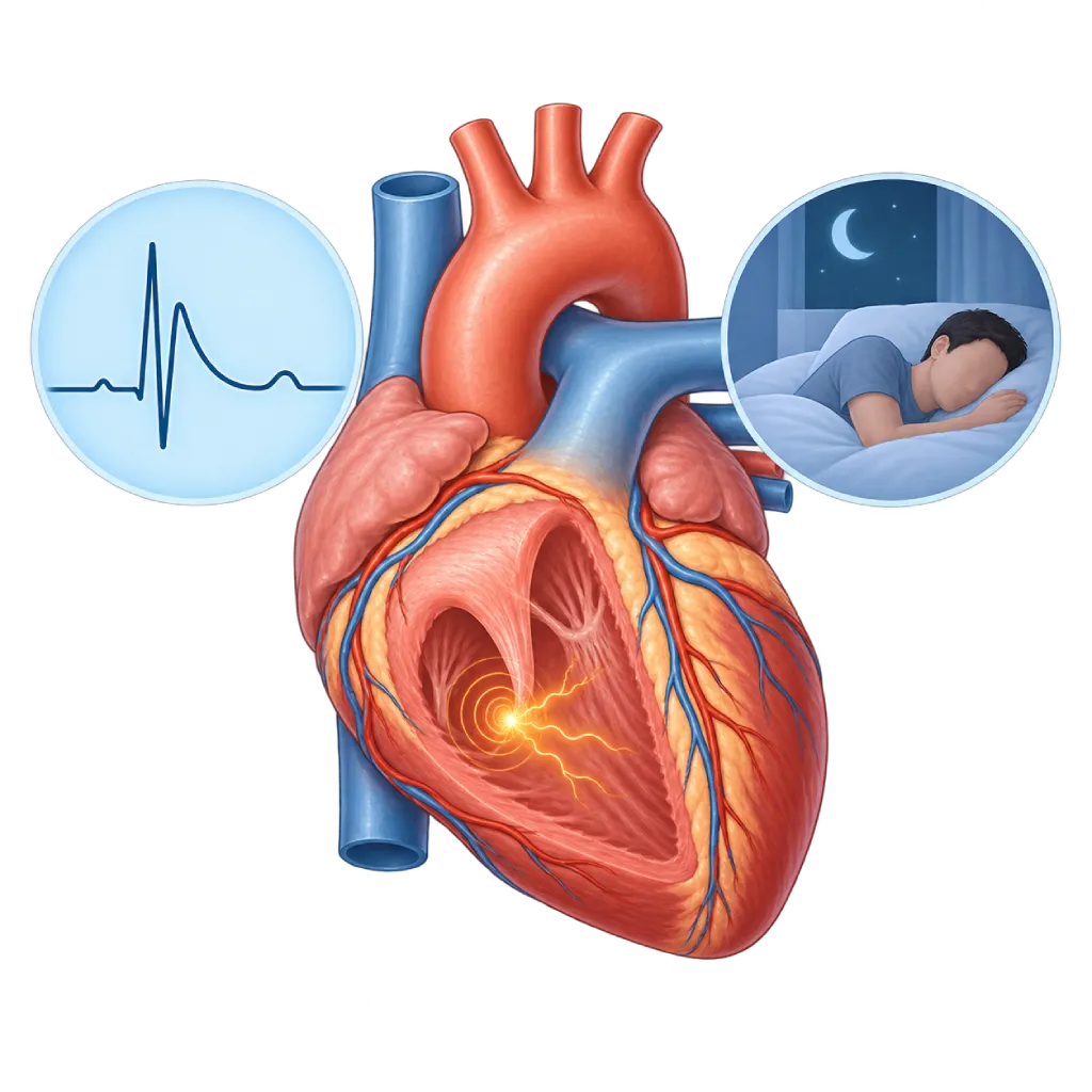 Ilustrasi medis jantung tampak depan dengan aktivitas listrik abnormal di saluran keluar ventrikel kanan, disertai inset pola EKG khas sindrom Brugada dan sosok orang sedang tidur pada malam hari.