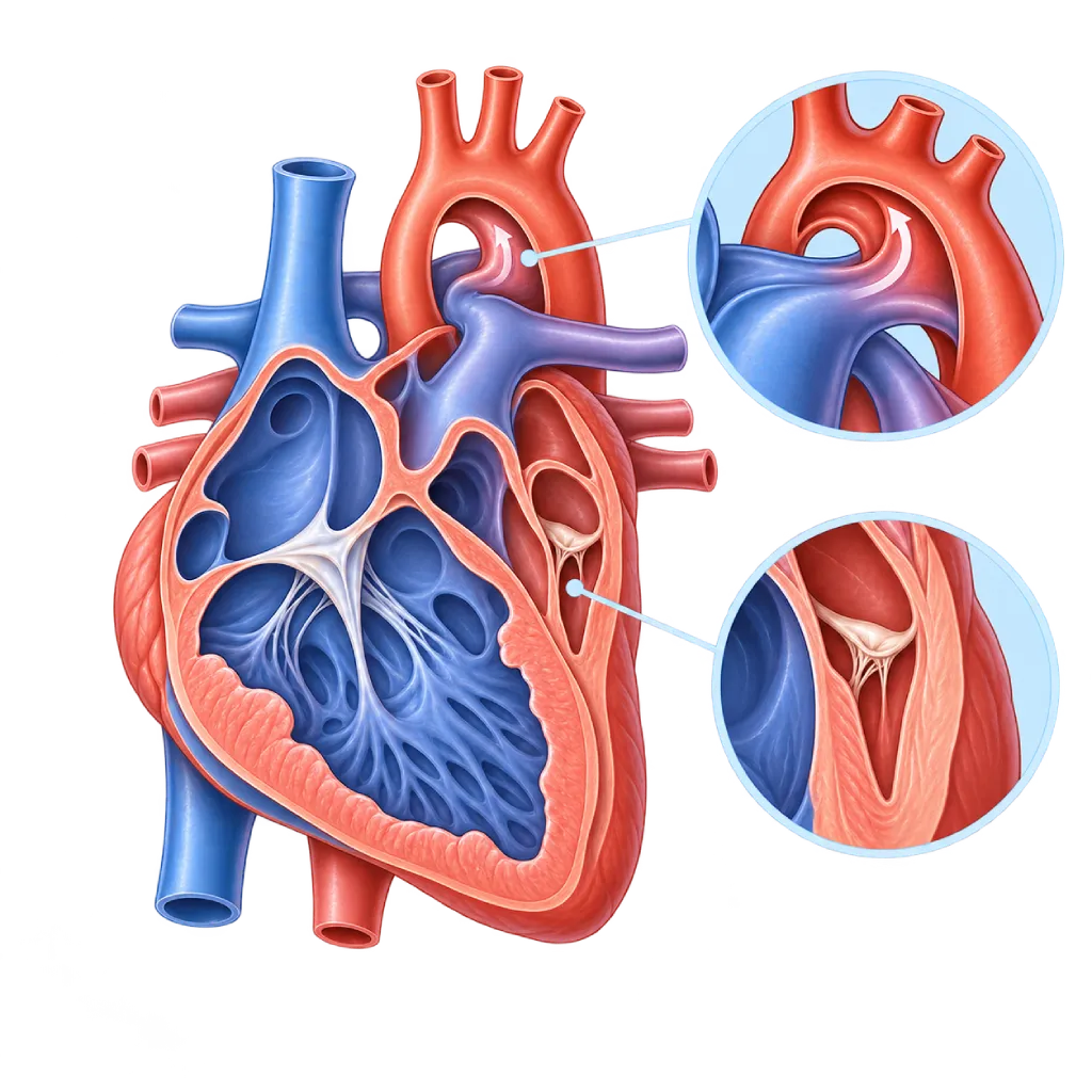 Ilustrasi medis sindrom jantung kiri hipoplastik pada bayi dengan potongan anatomi jantung yang menunjukkan ventrikel kiri sangat kecil, katup mitral kecil, aorta asendens sempit, ventrikel kanan membesar, serta duktus arteriosus terbuka yang mengalirkan darah ke aorta.